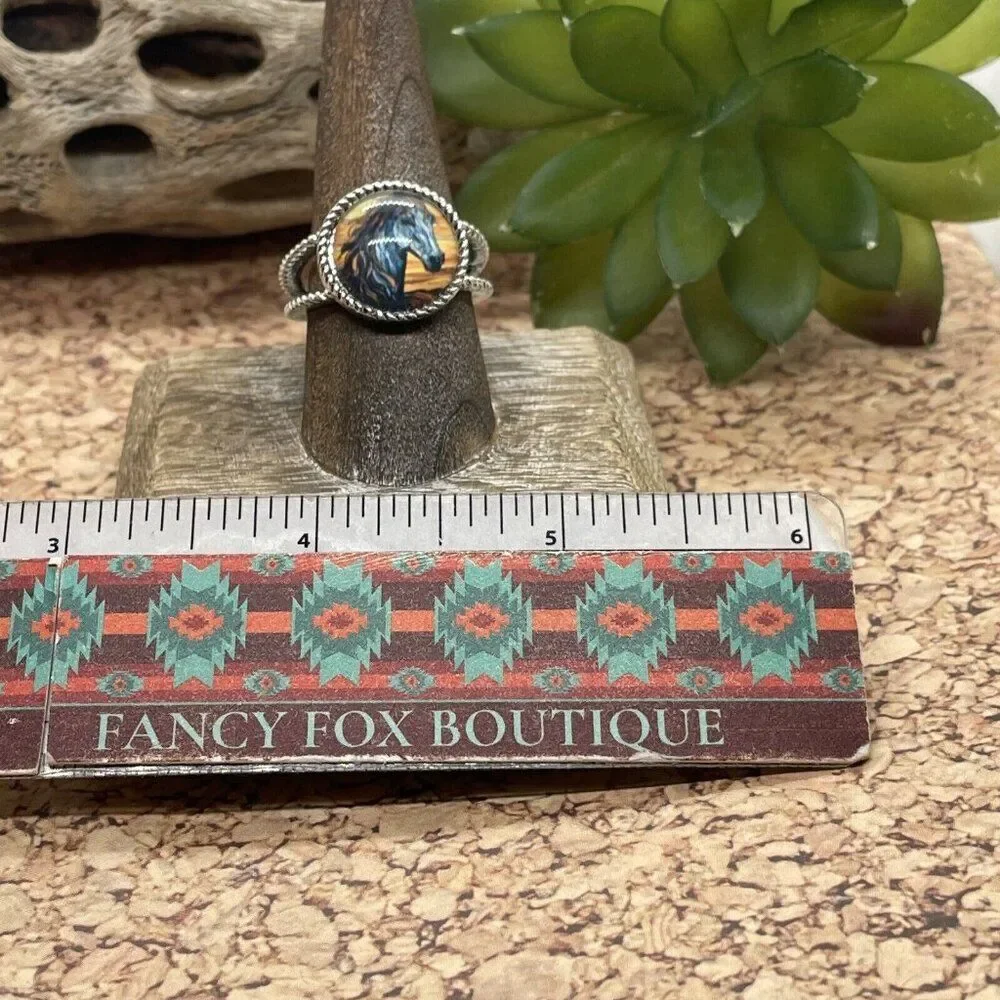 Stained Glass Horse Silver-Tone Ring in Blue and Brown